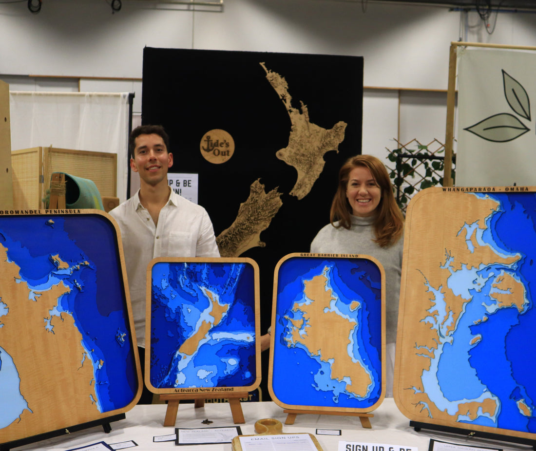 Handcrafted wooden maps of the Hauraki Gulf, Coromandel Peninsula, and Lake Tarawera by Tides Out Maps