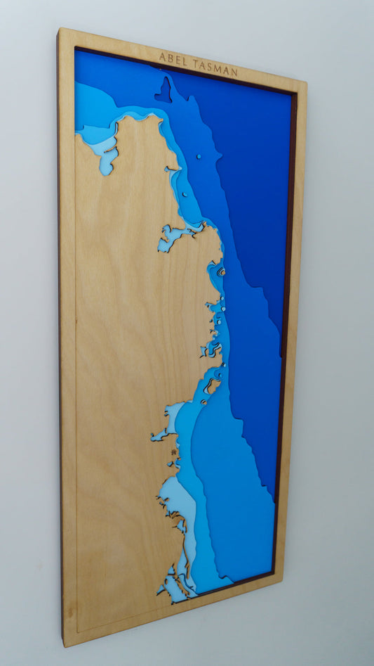 Abel Tasman: NZ Topographic Map featuring Great Walk regions like Fiordland, Tongariro, and Abel Tasman, handcrafted by Tides Out Maps