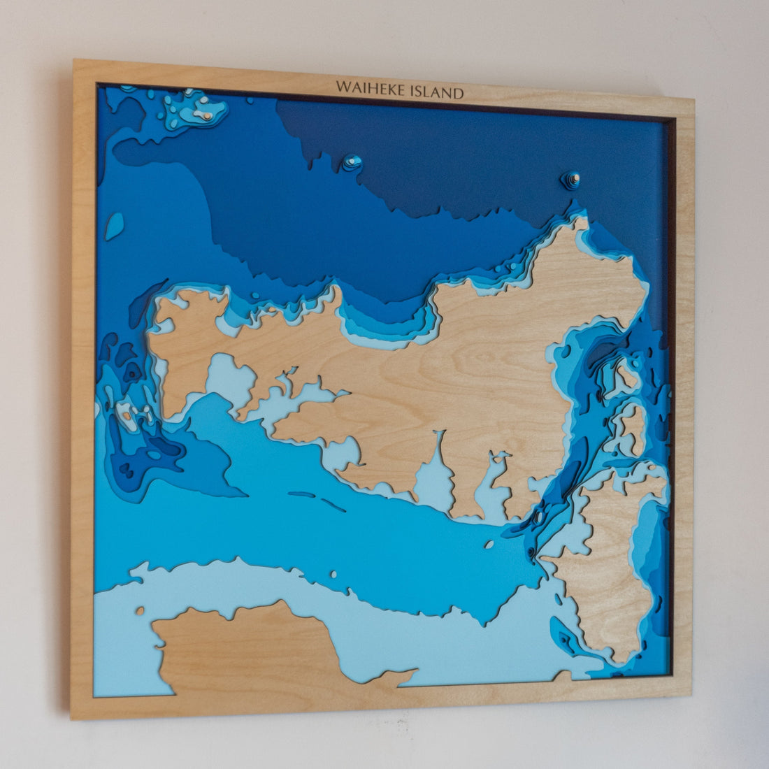 Handcrafted bathymetric map of Waiheke Island showing ocean depth and coastal detail