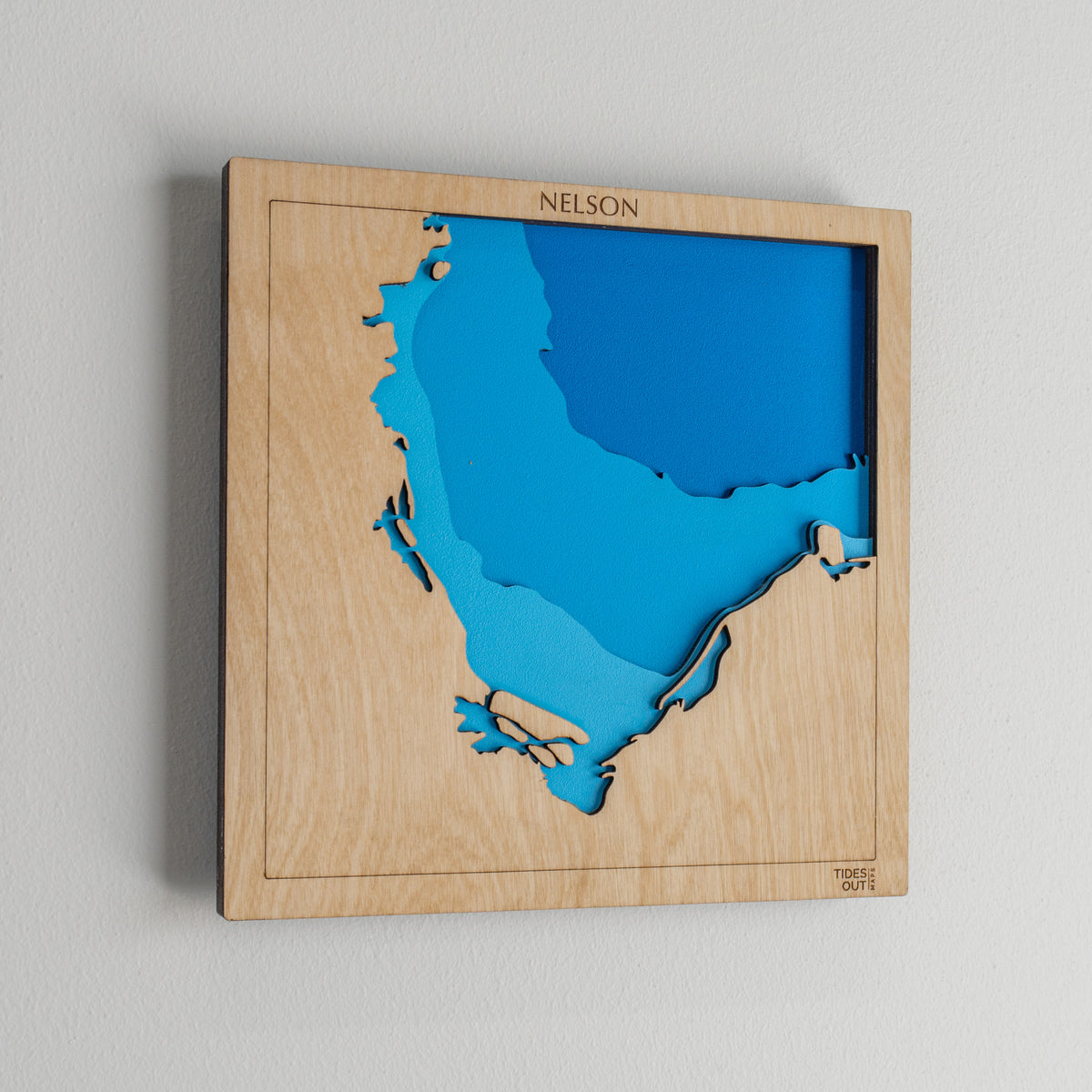 Nelson & Tasman Bay mini wooden depth map - 22cm square, laser-cut layered map by Tides Out Maps
