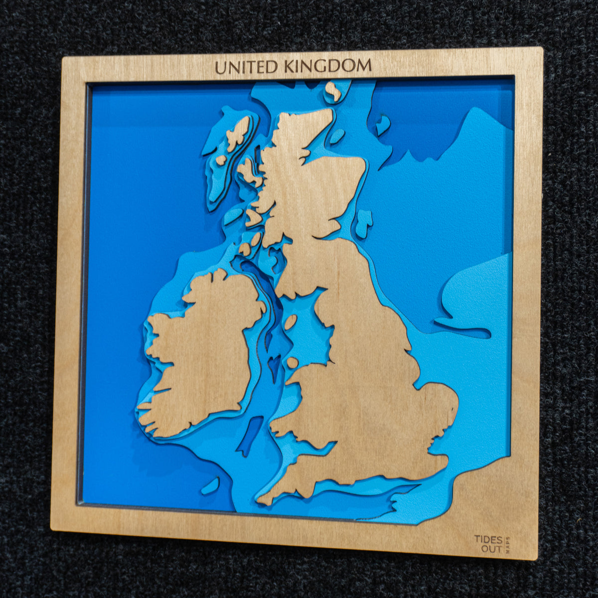 The British Isles mini wooden depth map - 22cm square, laser-cut layered map by Tides Out Maps