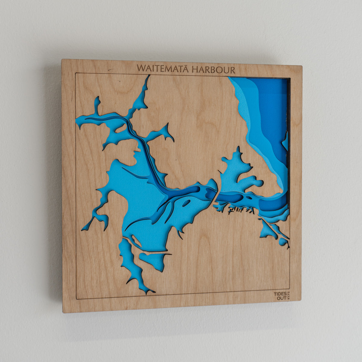 Waitematā Harbour, Auckland mini wooden depth map - 22cm square, laser-cut layered map by Tides Out Maps
