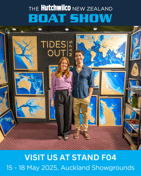 Tides Out Maps booth displaying NZ coastal maps for fishers