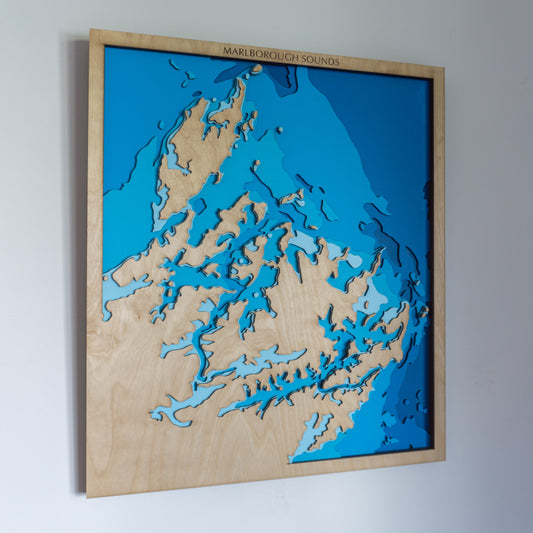 Bathymetric map of the Marlborough Sounds showing underwater depth layers, inlets, and coastal geography of Queen Charlotte and Pelorus Sound