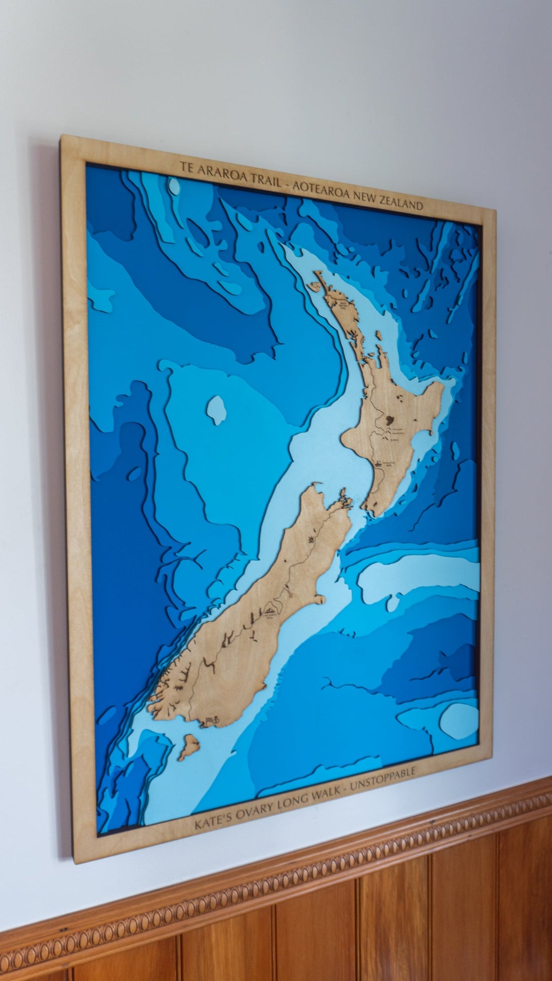 Custom topographic map of New Zealand featuring Te Araroa Trail route with personalised engraving