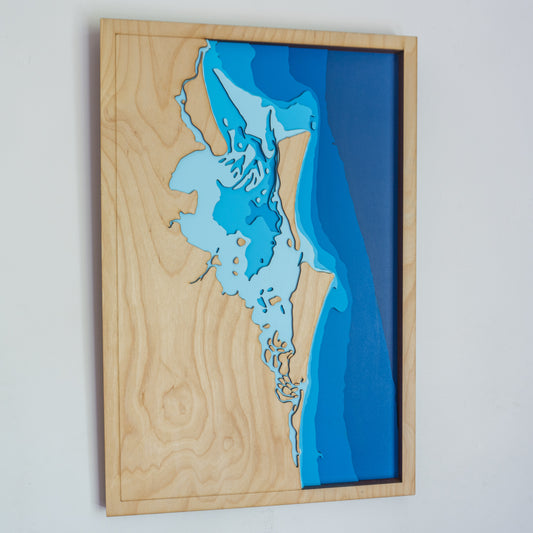 Handcrafted wooden depth map of Brisbane, showcasing laser-cut layers depicting the city's coastline, Brisbane River, and surrounding waterways