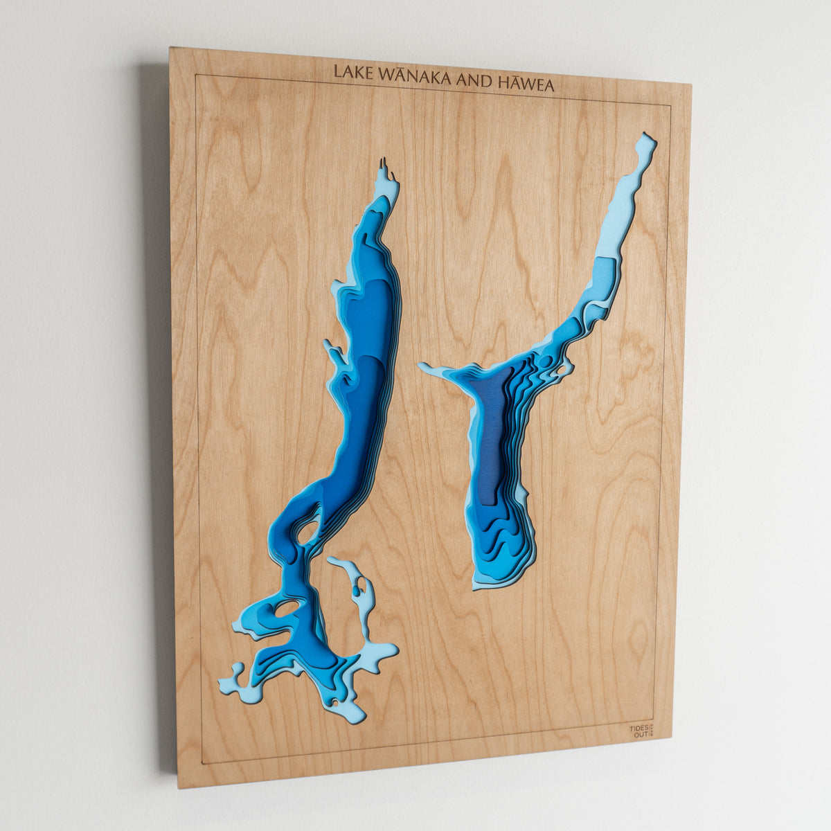 Lake Wānaka and Lake Hāwea wooden depth map - Medium 45 x 60cm, laser-cut layered map by Tides Out Maps