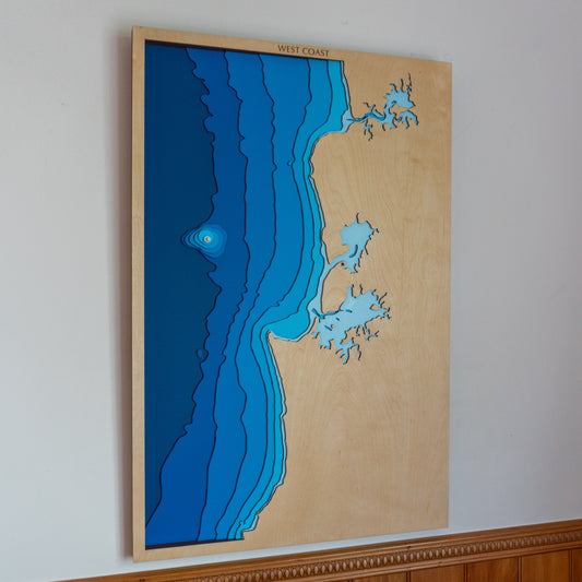 Topographic map of the West Coast with blue water and beige landmasses on a wall.