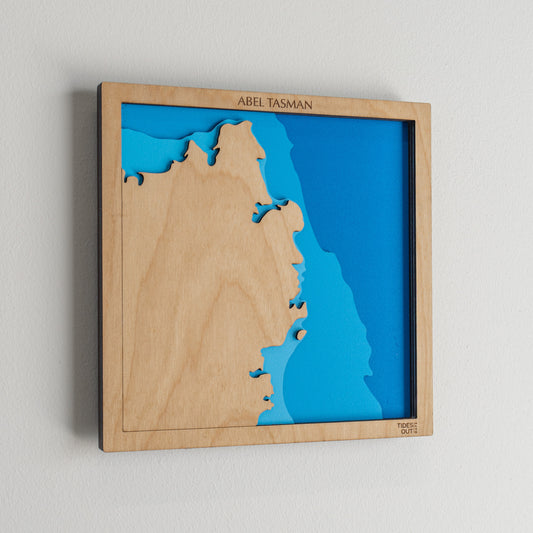 Abel Tasman National Park mini wooden depth map - 22cm square, laser-cut layered map by Tides Out Maps