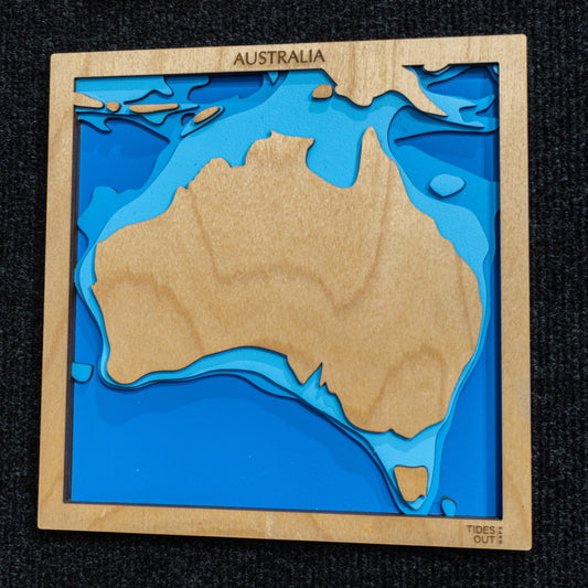 Australia mini wooden depth map - 22cm square, laser-cut layered map by Tides Out Maps