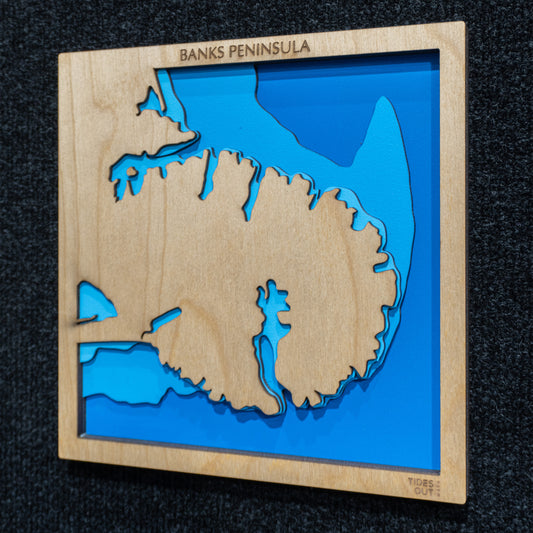 Banks Peninsula, Canterbury mini wooden depth map - 22cm square, laser-cut layered map by Tides Out Maps