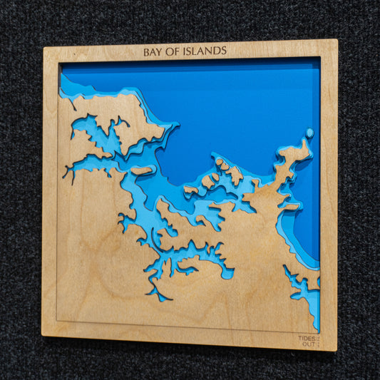 Bay of Islands, Northland mini wooden depth map - 22cm square, laser-cut layered map by Tides Out Maps