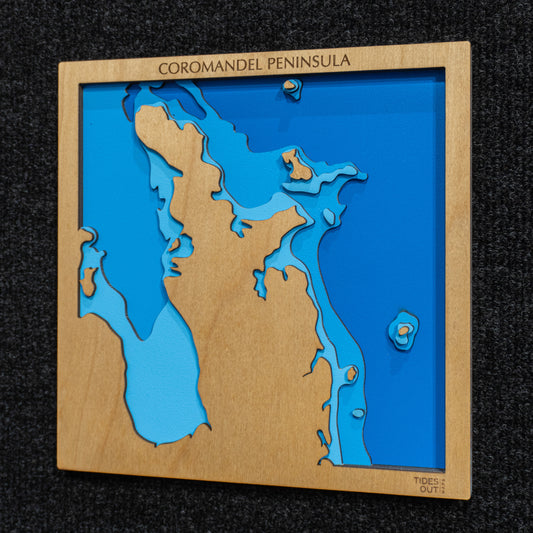 Coromandel Peninsula mini wooden depth map - 22cm square, laser-cut layered map by Tides Out Maps