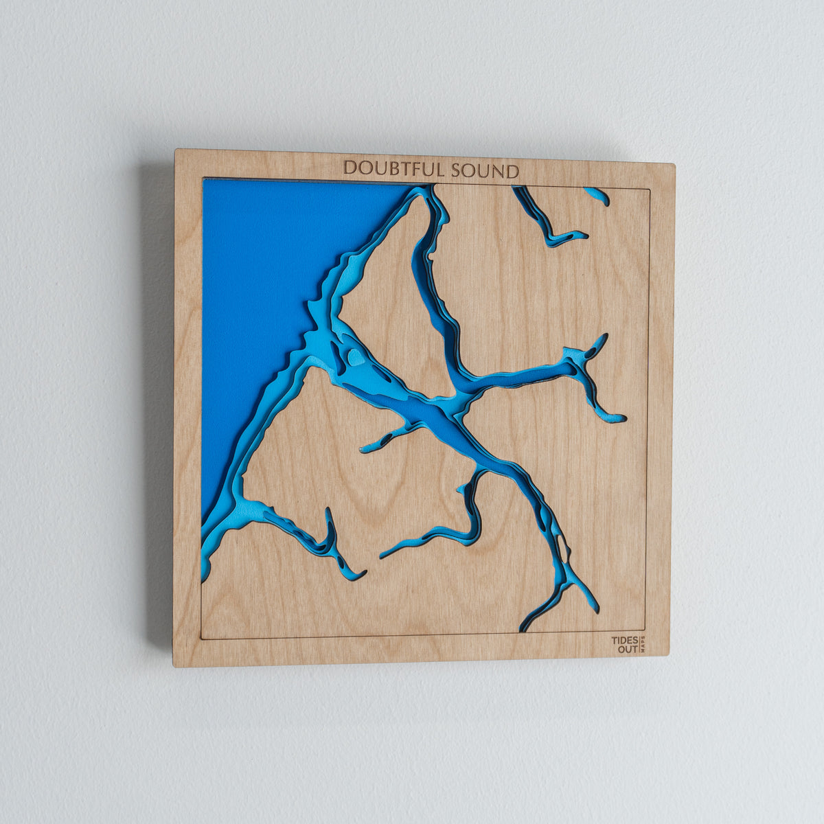 Doubtful Sound (Patea), Fiordland mini wooden depth map - 22cm square, laser-cut layered map by Tides Out Maps