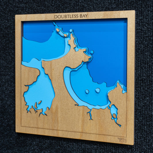 Doubtless Bay, Northland mini wooden depth map - 22cm square, laser-cut layered map by Tides Out Maps
