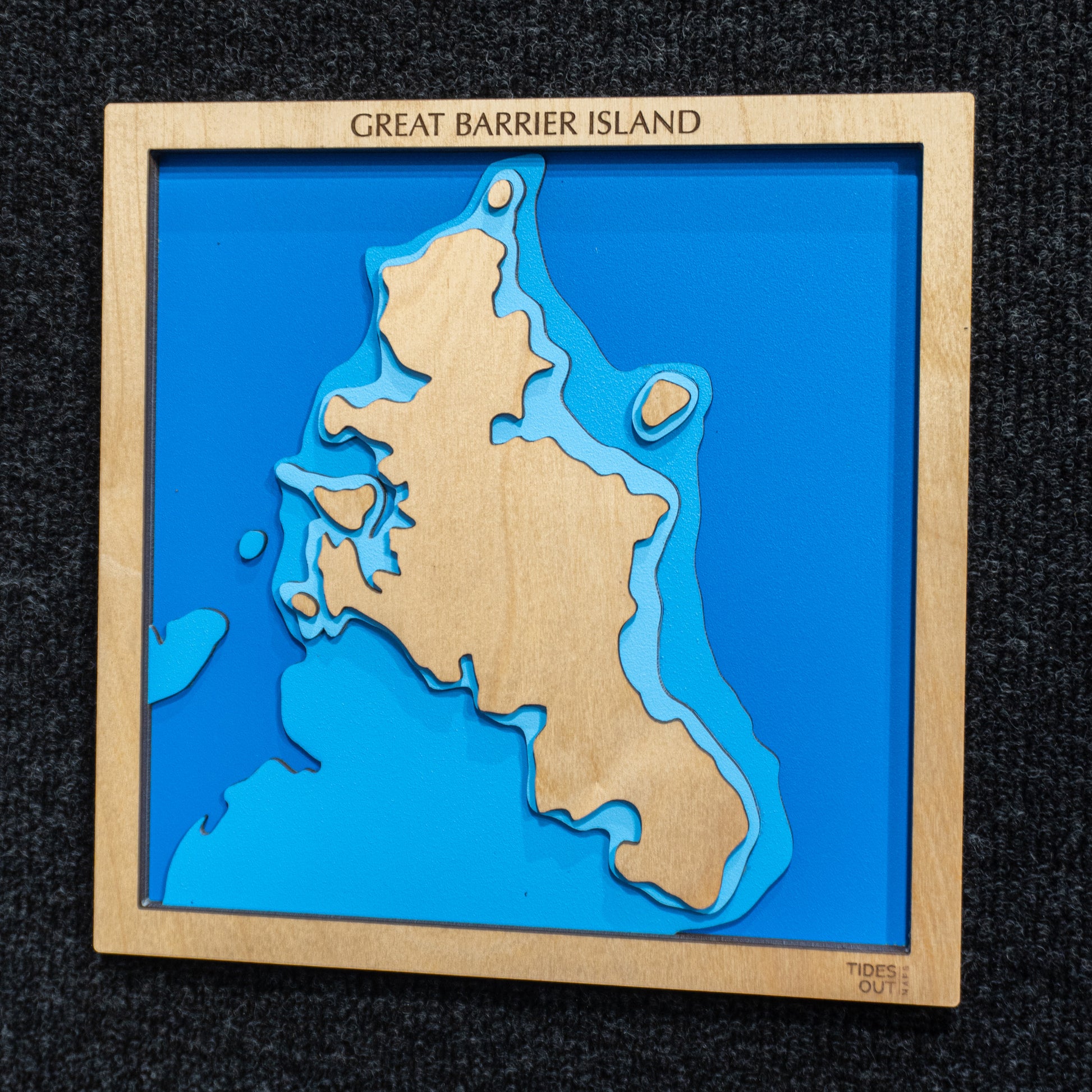 Great Barrier Island (Aotea) mini wooden depth map - 22cm square, laser-cut layered map by Tides Out Maps