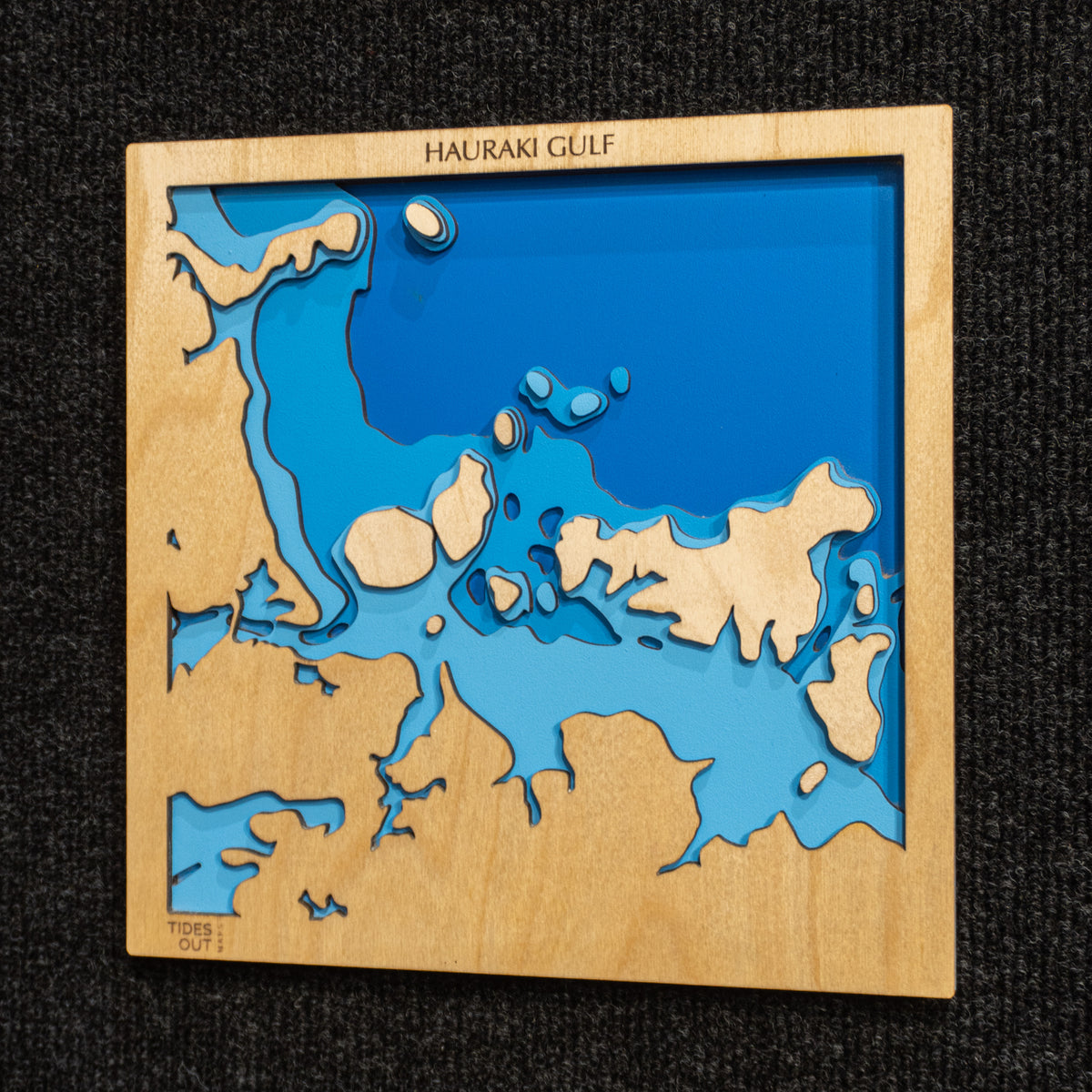 Hauraki Gulf, Auckland mini wooden depth map - 22cm square, laser-cut layered map by Tides Out Maps