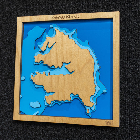 Kawau Island, Auckland mini wooden depth map - 22cm square, laser-cut layered map by Tides Out Maps