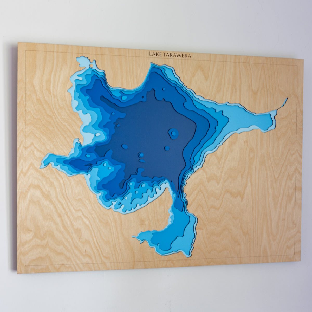 Lake Tarawera wooden depth map on a wall