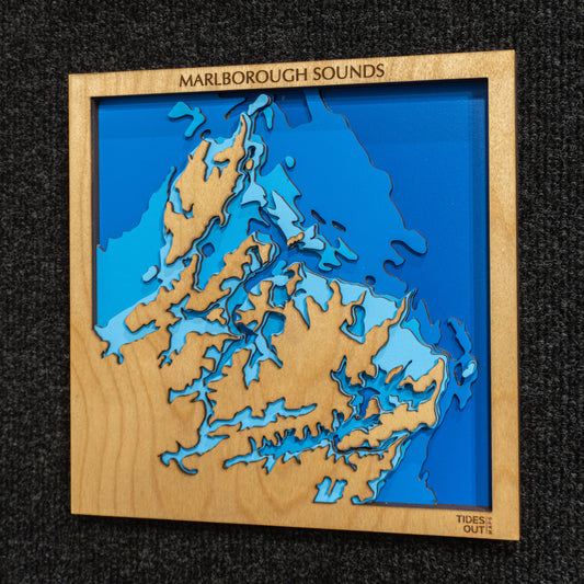 Marlborough Sounds mini wooden depth map - 22cm square, laser-cut layered map by Tides Out Maps