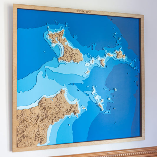Mercury Bay wooden topographic map XL - Opito Bay, the Mercury Islands and the Kuaotunu Peninsula in layered wood