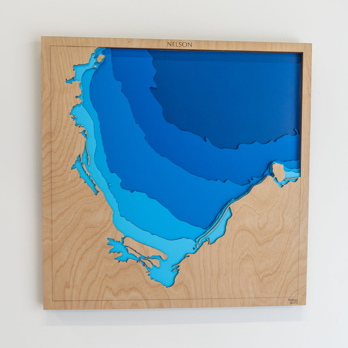 Nelson and Tasman Bay wooden depth map - Medium 60 x 60cm, laser-cut layered map by Tides Out Maps