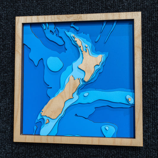 New Zealand mini wooden depth map - 22cm square, laser-cut layered map by Tides Out Maps
