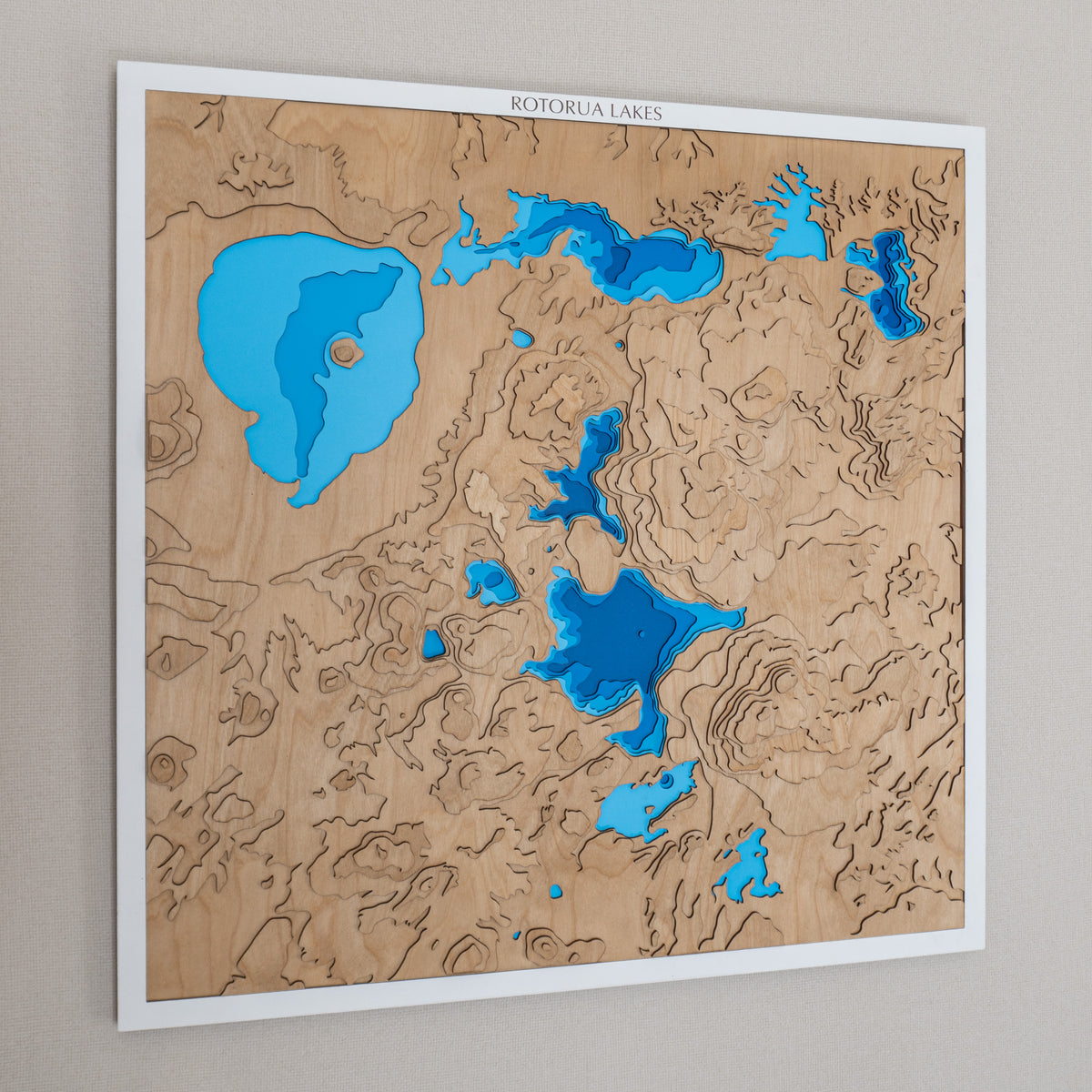 Rotorua Lakes wooden topographic map XL - Lake Rotorua, Rotoiti, Tarawera and Rotomahana in layered wood