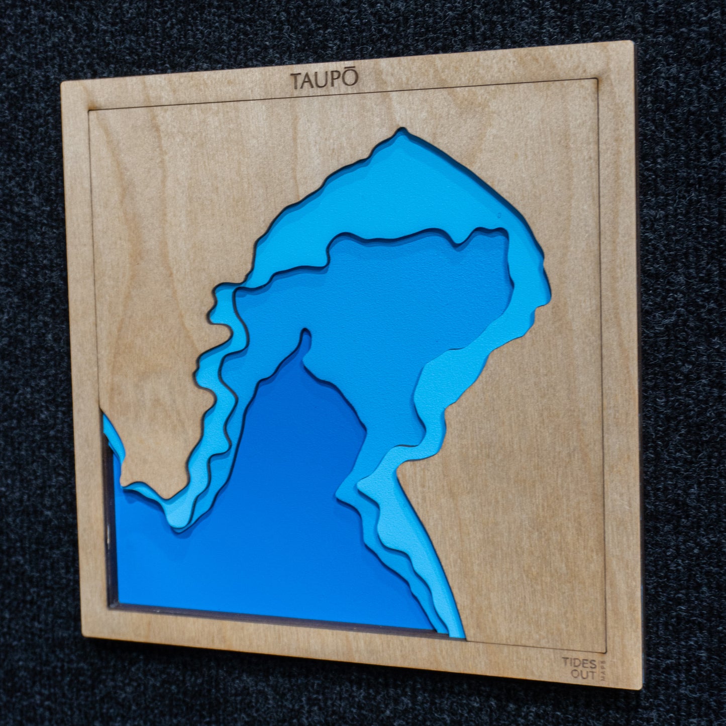 Lake Taupo mini wooden depth map - 22cm square, laser-cut layered map by Tides Out Maps