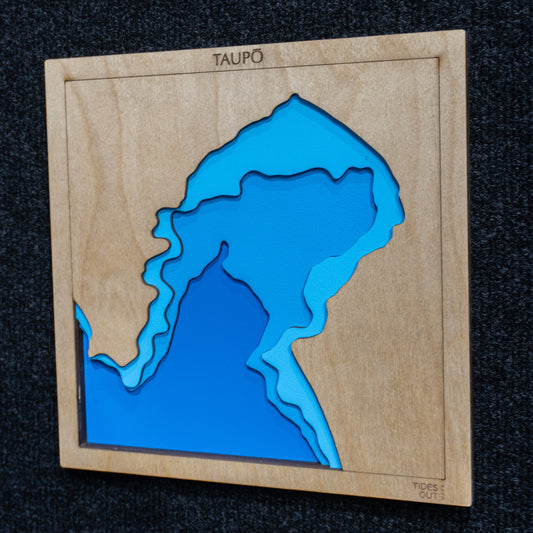 Lake Taupo mini wooden depth map - 22cm square, laser-cut layered map by Tides Out Maps