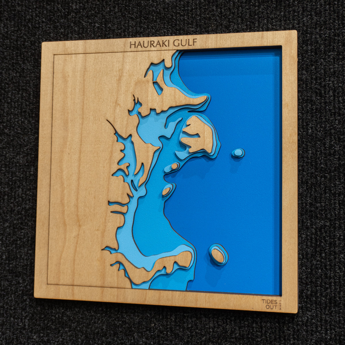 Upper Hauraki Gulf mini wooden depth map - 22cm square, laser-cut layered map by Tides Out Maps