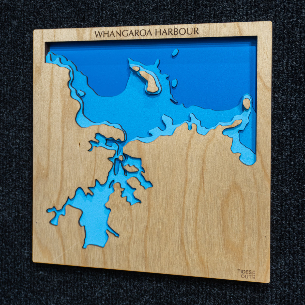 Whangaroa Harbour, Northland mini wooden depth map - 22cm square, laser-cut layered map by Tides Out Maps
