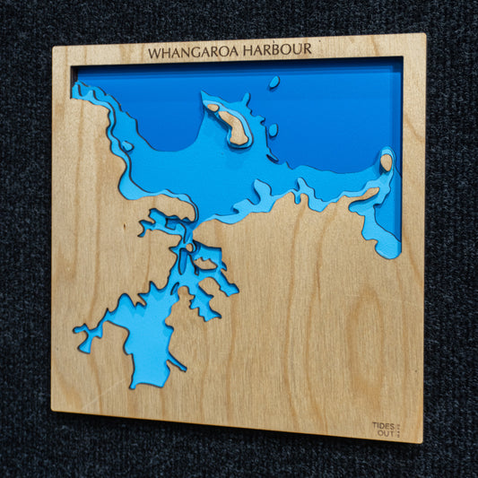 Whangaroa Harbour, Northland mini wooden depth map - 22cm square, laser-cut layered map by Tides Out Maps